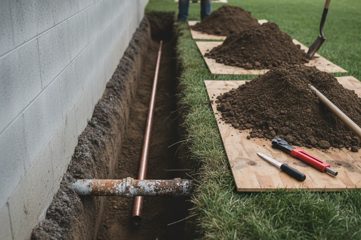 Excavated water line trench during Water Softener Installation in Mendota